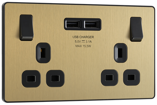 PCDSB22U3B Front - This Evolve Satin Brass 13A double power socket from British General comes with two USB charging ports, allowing you to plug in an electrical device and charge mobile devices simultaneously without having to sacrifice a power socket.