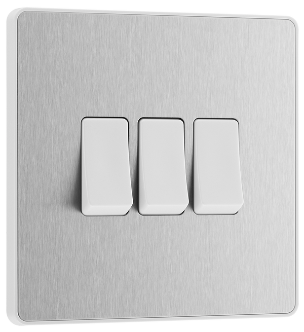 PCDBS43W Front - This Evolve Brushed Steel 20A 16AX triple light switch from British General can operate 3 different lights, whilst the 2 way switching allows a second switch to be added to the circuit to operate the same light from another location (e.g. at the top and bottom of the stairs).