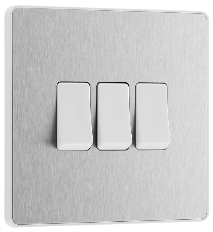 PCDBS43W Front - This Evolve Brushed Steel 20A 16AX triple light switch from British General can operate 3 different lights, whilst the 2 way switching allows a second switch to be added to the circuit to operate the same light from another location (e.g. at the top and bottom of the stairs).