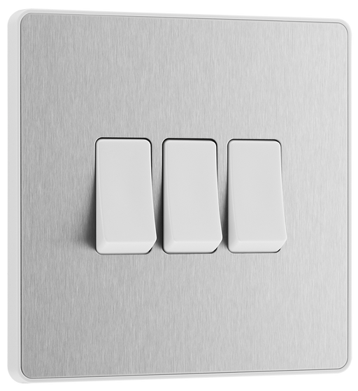PCDBS43W Front - This Evolve Brushed Steel 20A 16AX triple light switch from British General can operate 3 different lights, whilst the 2 way switching allows a second switch to be added to the circuit to operate the same light from another location (e.g. at the top and bottom of the stairs).