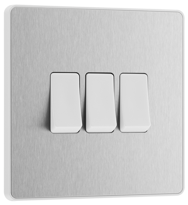 PCDBS43W Front - This Evolve Brushed Steel 20A 16AX triple light switch from British General can operate 3 different lights, whilst the 2 way switching allows a second switch to be added to the circuit to operate the same light from another location (e.g. at the top and bottom of the stairs).