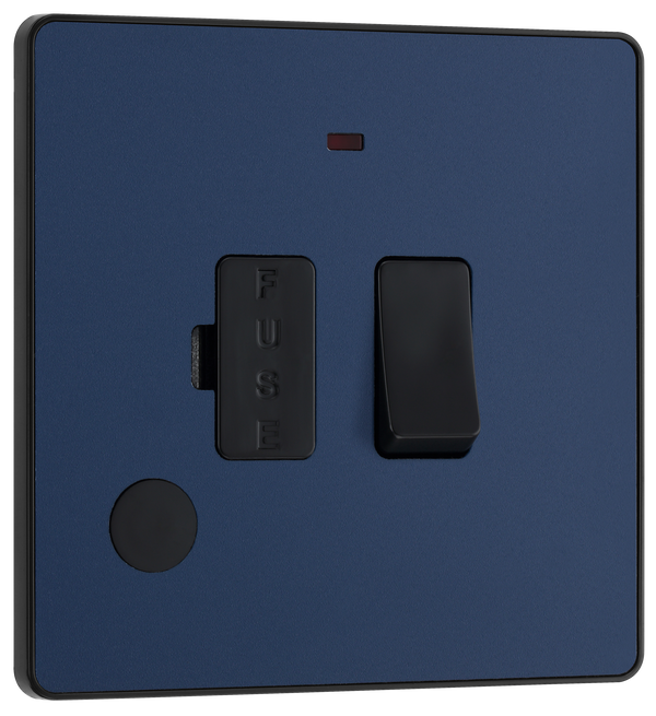 PCDDB52B Front -This Evolve Matt Blue 13A fused and switched connection unit from British General with power indicator provides an outlet from the mains containing the fuse, ideal for spur circuits and hardwired appliances.