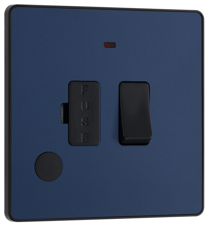 PCDDB52B Front -This Evolve Matt Blue 13A fused and switched connection unit from British General with power indicator provides an outlet from the mains containing the fuse, ideal for spur circuits and hardwired appliances.