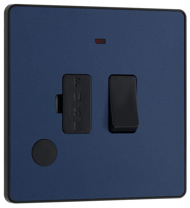 PCDDB52B Front -This Evolve Matt Blue 13A fused and switched connection unit from British General with power indicator provides an outlet from the mains containing the fuse, ideal for spur circuits and hardwired appliances.