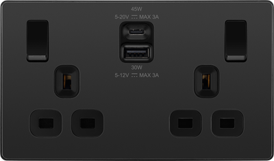 BG Evolve PCDBC22UAC45B 13A Double Switched Power Socket + USB A+C (45W) - Black Chrome
