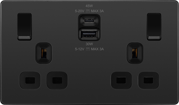 BG Evolve PCDBC22UAC45B 13A Double Switched Power Socket + USB A+C (45W) - Black Chrome