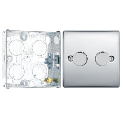 BG Nexus Polished Chrome 200W 2 Way Double Trailing Edge Dimmer Switch NPC82 with 25mm Steel Back Box by British General (BG-NPC82+HGS02)
