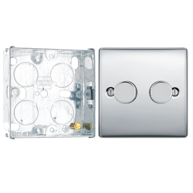 BG Nexus Polished Chrome 200W 2 Way Double Trailing Edge Dimmer Switch NPC82 with 25mm Steel Back Box