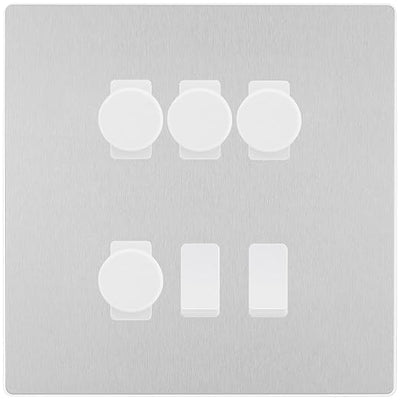 BG Evolve Brushed Steel 6 Gang Switch 4x Trailing Edge LED Dimmer, 1x Intermediate, 1x 2-Way Switch by British General (BG-Evolve-BS-6G-4x-Dimmer-1x-INT-1x-2Way)