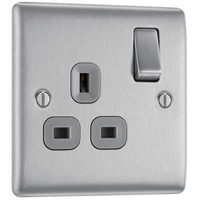NBS21G Front - This brushed steel finish 13A single switched socket from British General has a sleek and slim profile with softly rounded edges, anti-fingerprint lacquer and no visible plastic around the switch for a luxurious finish.