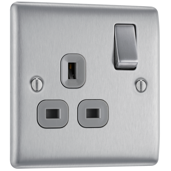 NBS21G Front - This brushed steel finish 13A single switched socket from British General has a sleek and slim profile with softly rounded edges, anti-fingerprint lacquer and no visible plastic around the switch for a luxurious finish.