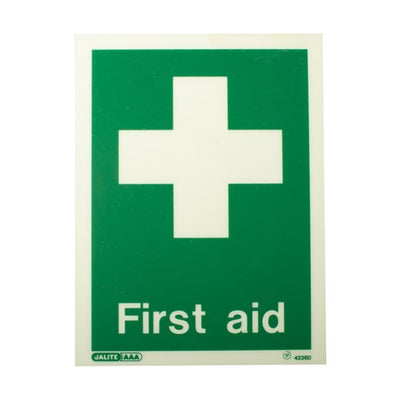 Extinguishers & Equipment: First Aid Station Signs With Text - Landscape (80x200mm) by Jalite signs (Safelincs-JS4236MR)