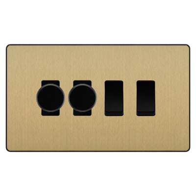 BG Evolve Satin Brass 4 Gang Light Switch 2x Trailing Edge LED Dimmer 2x 2 Way Custom Switch by British General (Evolve-SB-CUSTOM-4GANG-2x-DIMMER-2x-2WAY)