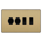 BG Evolve Satin Brass 4 Gang Light Switch 2x Trailing Edge LED Dimmer 2x 2 Way Custom Switch by British General (Evolve-SB-CUSTOM-4GANG-2x-DIMMER-2x-2WAY)