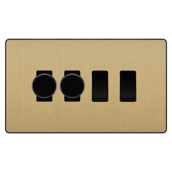 BG Evolve Satin Brass 4 Gang Light Switch 2x Trailing Edge LED Dimmer 2x 2 Way Custom Switch