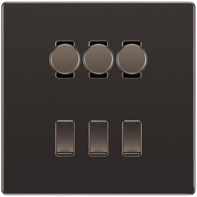 BG Screwless Black Nickel 6 Gang Switch 3x Trailing Edge LED Dimmer 3x 2Way Custom Switch by British General (BG-SCRL-BN-6G-CUSTOM-3x-Dimmer-3x-2WAY)
