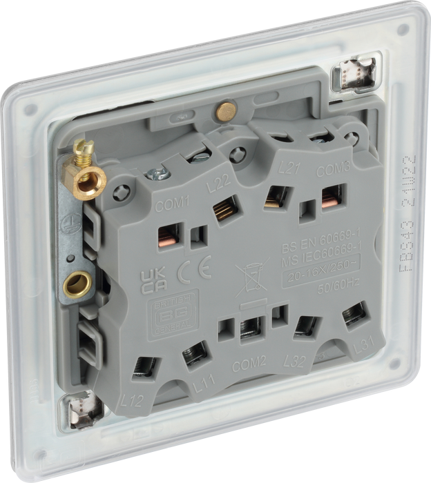 FBS43 Back - This Screwless Flat plate brushed steel finish 20A 16AX triple light switch from British General can operate 3 different lights whilst the 2 way switching allows a second switch to be added to the circuit to operate the same light from another location (e.g. at the top and bottom of the stairs).
