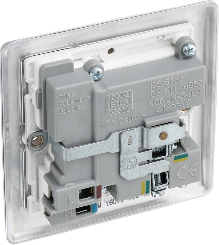 NBS21U2W Back - This 13A single power socket from British General comes with two USB charging ports allowing you to plug in an electrical device and charge mobile devices simultaneously without having to sacrifice a power socket.