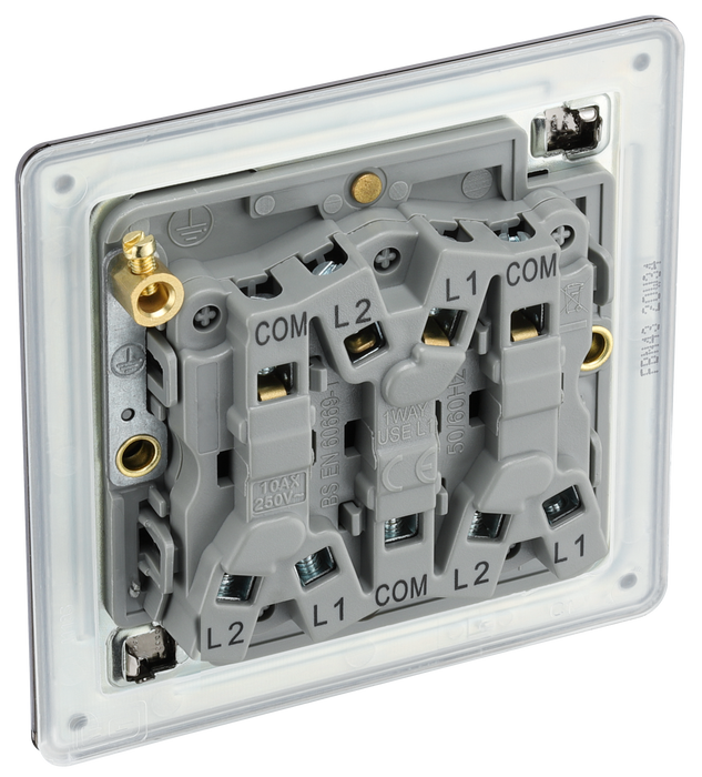FBN43 Back - This Screwless Flat plate black nickel finish 20A 16AX triple light switch from British General can operate 3 different lights whilst the 2 way switching allows a second switch to be added to the circuit to operate the same light from another location (e.g. at the top and bottom of the stairs).