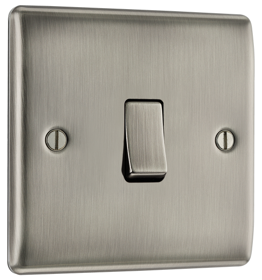 NBI13 Front - This brushed Iridium finish 20A 16AX intermediate light switch from British General should be used as the middle switch when you need to operate one light from 3 different locations such as either end of a hallway and at the top of the stairs.