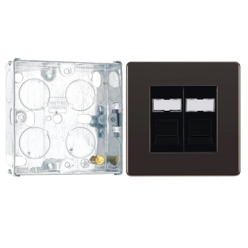 BG Screwless Black Nickel RJ45 Double Data Outlet Socket FBNRJ452 with 25mm Steel Back Box