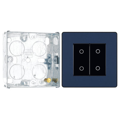 BG Evolve Matt Blue 2 Gang 200W Trailing Edge Secondary Touch Dimmer PCDDBTDS2B with 25mm Steel Back Box