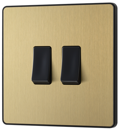 PCDSB42B Front -  This Evolve Satin Brass 20A 16AX double light switch from British General can operate 2 different lights, whilst the 2 way switching allows a second switch to be added to the circuit to operate the same light from another location (e.g. at the top and bottom of the stairs).