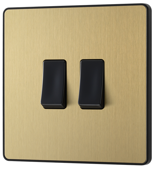 PCDSB42B Front -  This Evolve Satin Brass 20A 16AX double light switch from British General can operate 2 different lights, whilst the 2 way switching allows a second switch to be added to the circuit to operate the same light from another location (e.g. at the top and bottom of the stairs).