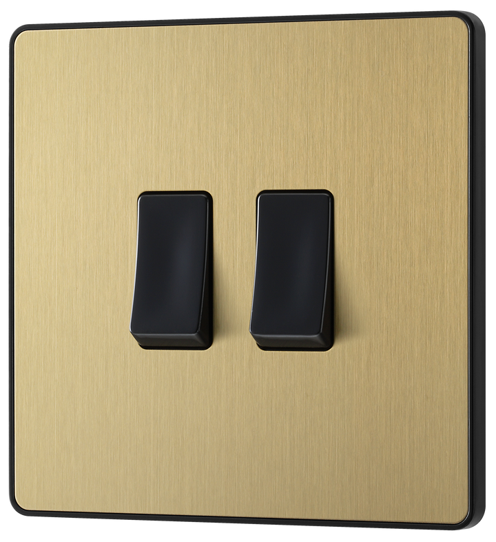 PCDSB42B Front -  This Evolve Satin Brass 20A 16AX double light switch from British General can operate 2 different lights, whilst the 2 way switching allows a second switch to be added to the circuit to operate the same light from another location (e.g. at the top and bottom of the stairs).