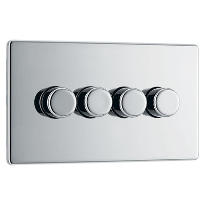 BG Screwless Polished Chrome 200W 2 Way Quadruple Trailing Edge Dimmer Switch FPC84 with 35mm Steel Back Box