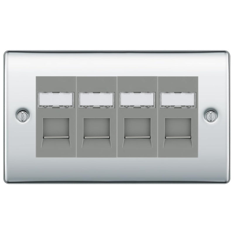 BG Nexus Polished Chrome 4 Gang RJ45 Cat6 Data Socket Outlet Grey Inserts