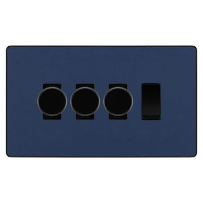 BG Evolve Matt Blue 4 Gang Switch 3x Trailing Edge LED Dimmer 1x Intermediate Custom Grid Switch by British General (BG-Evolve-DB-4G-CUSTOM-3x-Dimmer-1x-INT)