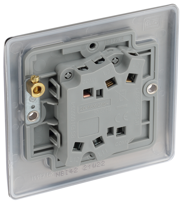 NBI42 Back -  This brushed Iridium finish 20A 16AX double light switch from British General can operate 2 different lights whilst the 2 way switching allows a second switch to be added to the circuit to operate the same light from another location (e.g. at the top and bottom of the stairs).