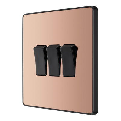 BG Evolve Polished Copper 3 Gang 20A 16AX 2 Way Light Switch PCDCP43B with 25mm Steel Back Box