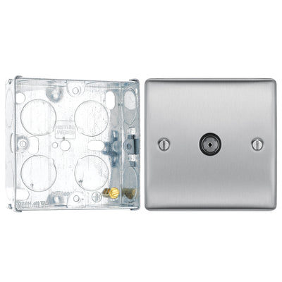 BG Nexus Brushed Steel Single Co-Axial Socket NBS60 With 25mm Steel Back Box by British General (BG-NBS60+HGS02)
