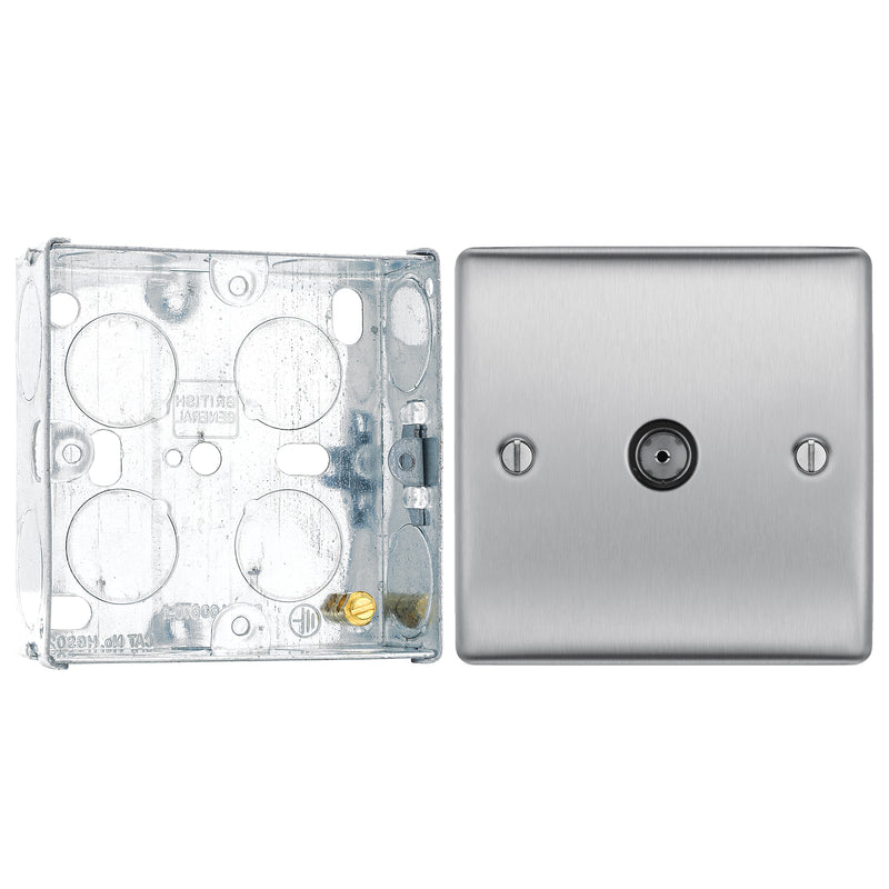 BG Nexus Brushed Steel Single Co-Axial Socket NBS60 With 25mm Steel Back Box
