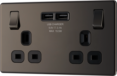 FBN22U3B Front - This completely screwless and slimline flat plate double 13A power socket from British General comes with two USB charging ports allowing you to plug in an electrical device and charge mobile devices simultaneously without having to sacrifice a power socket.