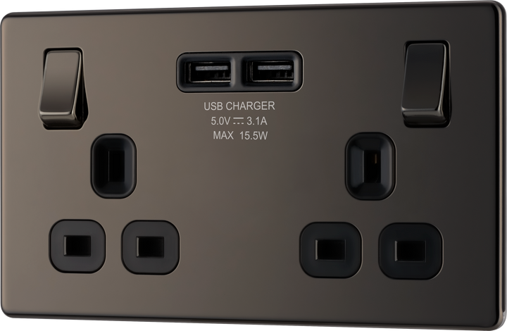 FBN22U3B Front - This completely screwless and slimline flat plate double 13A power socket from British General comes with two USB charging ports allowing you to plug in an electrical device and charge mobile devices simultaneously without having to sacrifice a power socket.