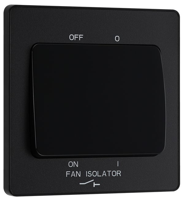 PCDMB15B Front - This Evolve Matt Black 10A triple pole fan isolator switch from British General provides a safe and simple method of isolating mechanical fan units. This switch has a low profile screwless flat plate that clips on and off, making it ideal for modern interiors.