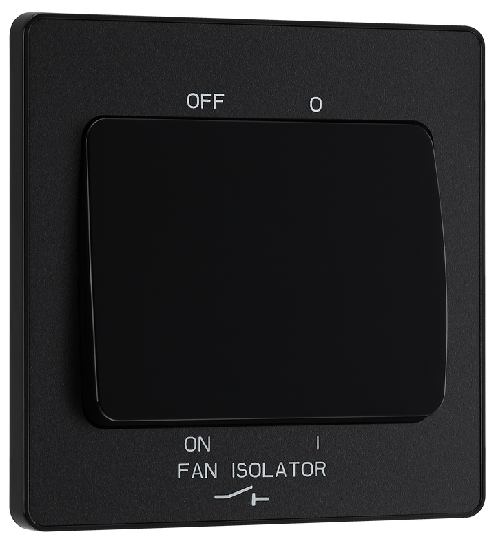 PCDMB15B Front - This Evolve Matt Black 10A triple pole fan isolator switch from British General provides a safe and simple method of isolating mechanical fan units. This switch has a low profile screwless flat plate that clips on and off, making it ideal for modern interiors.