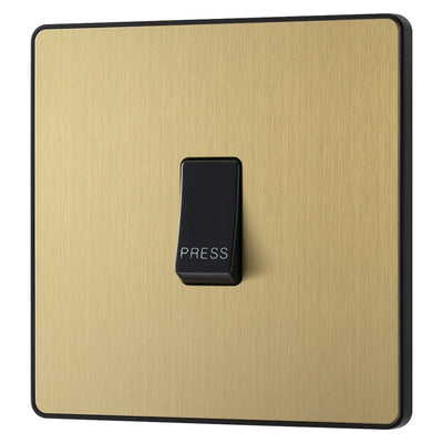 BG Evolve Satin Brass 10AX 1 Way Press Switch PCDSB14B with 35mm Steel Back Box