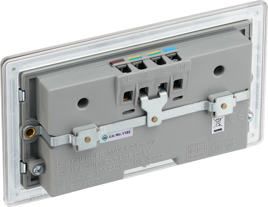 FBS24U44G Back - This completely screwless and slimline flat plate 13A double power socket from British General comes with four USB charging ports allowing you to plug in an electrical device and charge mobile devices simultaneously without having to sacrifice a power socket.