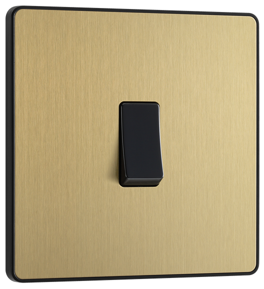 PCDSB13B Front - This Evolve Satin Brass 20A 16AX intermediate light switch from British General should be used as the middle switch when you need to operate one light from 3 different locations, such as either end of a hallway and at the top of the stairs. This switch has a low profile screwless flat plate that clips on and off, making it ideal for modern interiors.