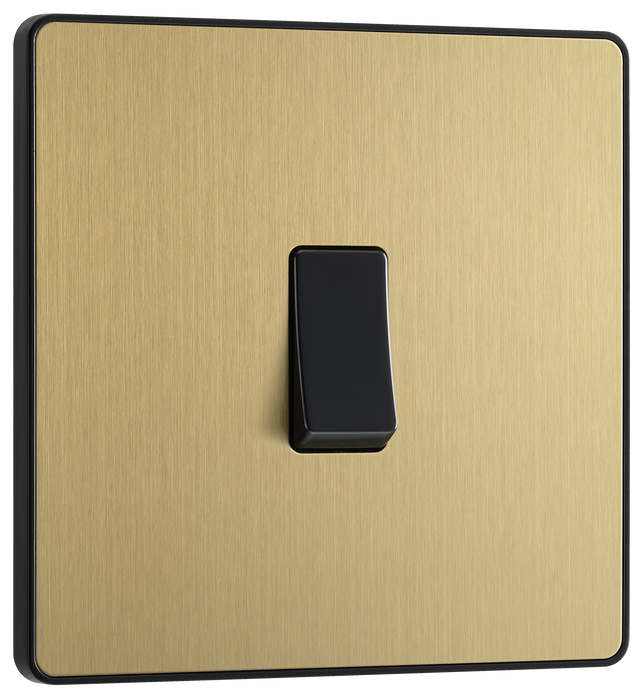 PCDSB13B Front - This Evolve Satin Brass 20A 16AX intermediate light switch from British General should be used as the middle switch when you need to operate one light from 3 different locations, such as either end of a hallway and at the top of the stairs. This switch has a low profile screwless flat plate that clips on and off, making it ideal for modern interiors.