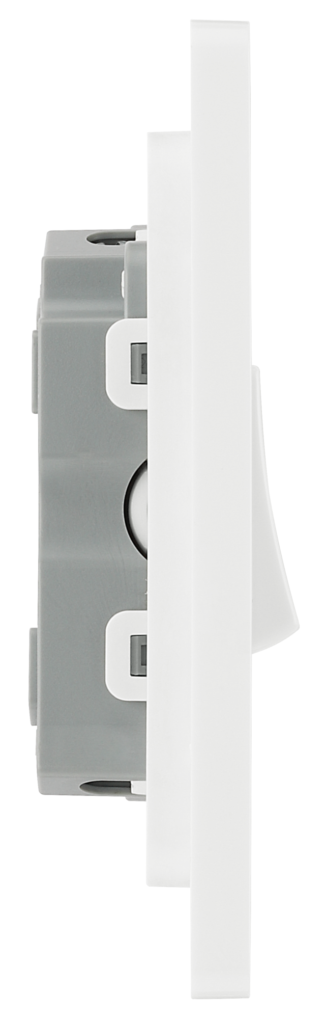 PCDBS43W Side - This Evolve Brushed Steel 20A 16AX triple light switch from British General can operate 3 different lights, whilst the 2 way switching allows a second switch to be added to the circuit to operate the same light from another location (e.g. at the top and bottom of the stairs).