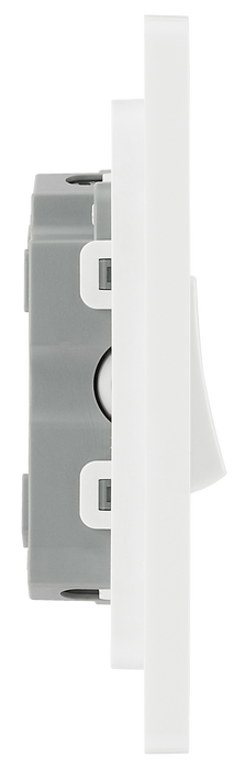 PCDBS43W Side - This Evolve Brushed Steel 20A 16AX triple light switch from British General can operate 3 different lights, whilst the 2 way switching allows a second switch to be added to the circuit to operate the same light from another location (e.g. at the top and bottom of the stairs).