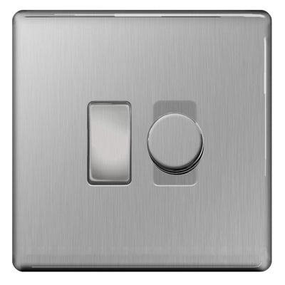 BG Brushed Steel Screwless 2 Gang Switch 1x Trailing Edge LED Dimmer 1x Intermediate Switch