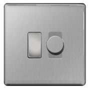 BG Brushed Steel Screwless 2 Gang Switch 1x Trailing Edge LED Dimmer 1x Intermediate Switch by British General (BG-SCRL-BS-2G-CUSTOM-1x-Dimmer-1x-INT)