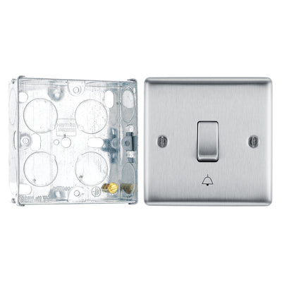 BG Nexus Brushed Steel 10AX Bell Push Switch NBS14 with 25mm Steel Back Box by British General (BG-NBS14+HGS02)