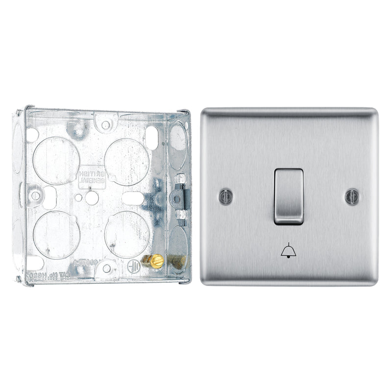 BG Nexus Brushed Steel 10AX Bell Push Switch NBS14 with 25mm Steel Back Box
